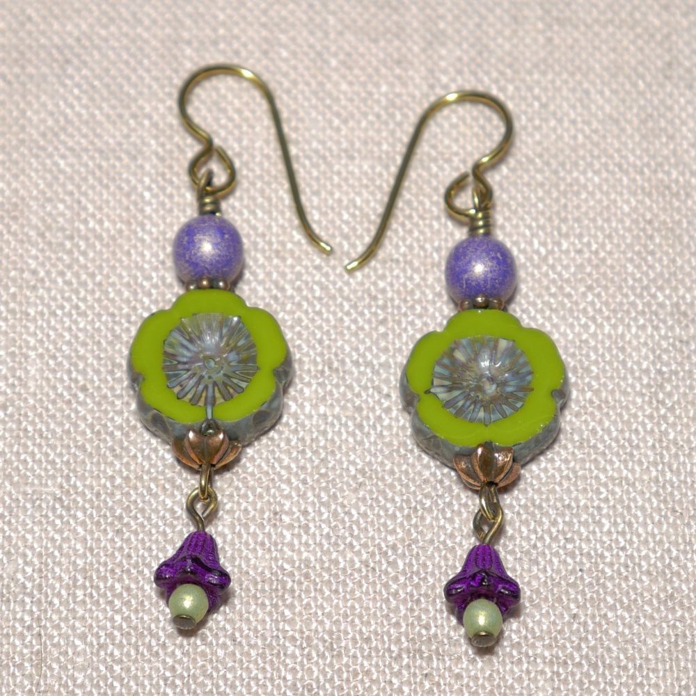 Hand Crafted Handmade Earrings Green & Purple Czech Glass Long Flower Earrings